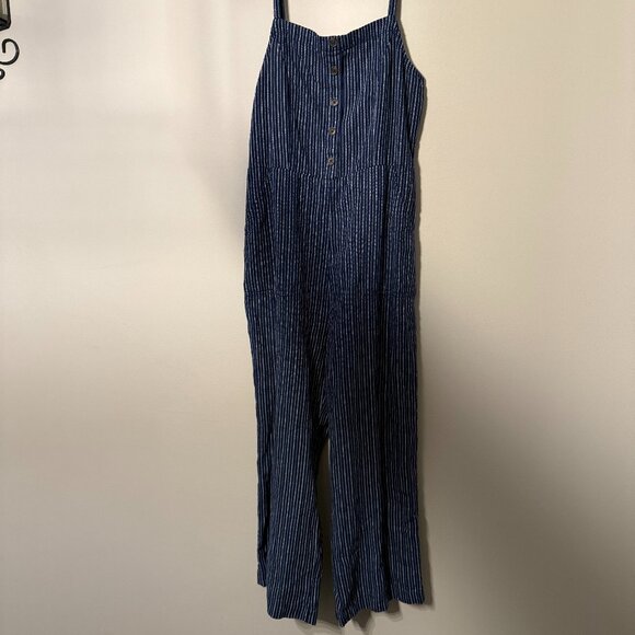 Old Navy Pinstripe Jumpsuit with adjustable straps and smocking in size Medium - Picture 1 of 7
